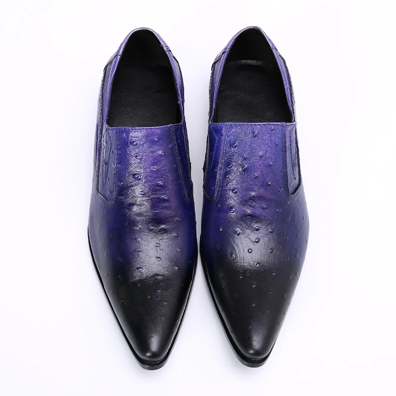 Purple Pointed Toe Genuine Leather Casual Business Men Shoes Loafers Slip On Lisure Party Dress Shoes Mens Nightclub Bars Shoes