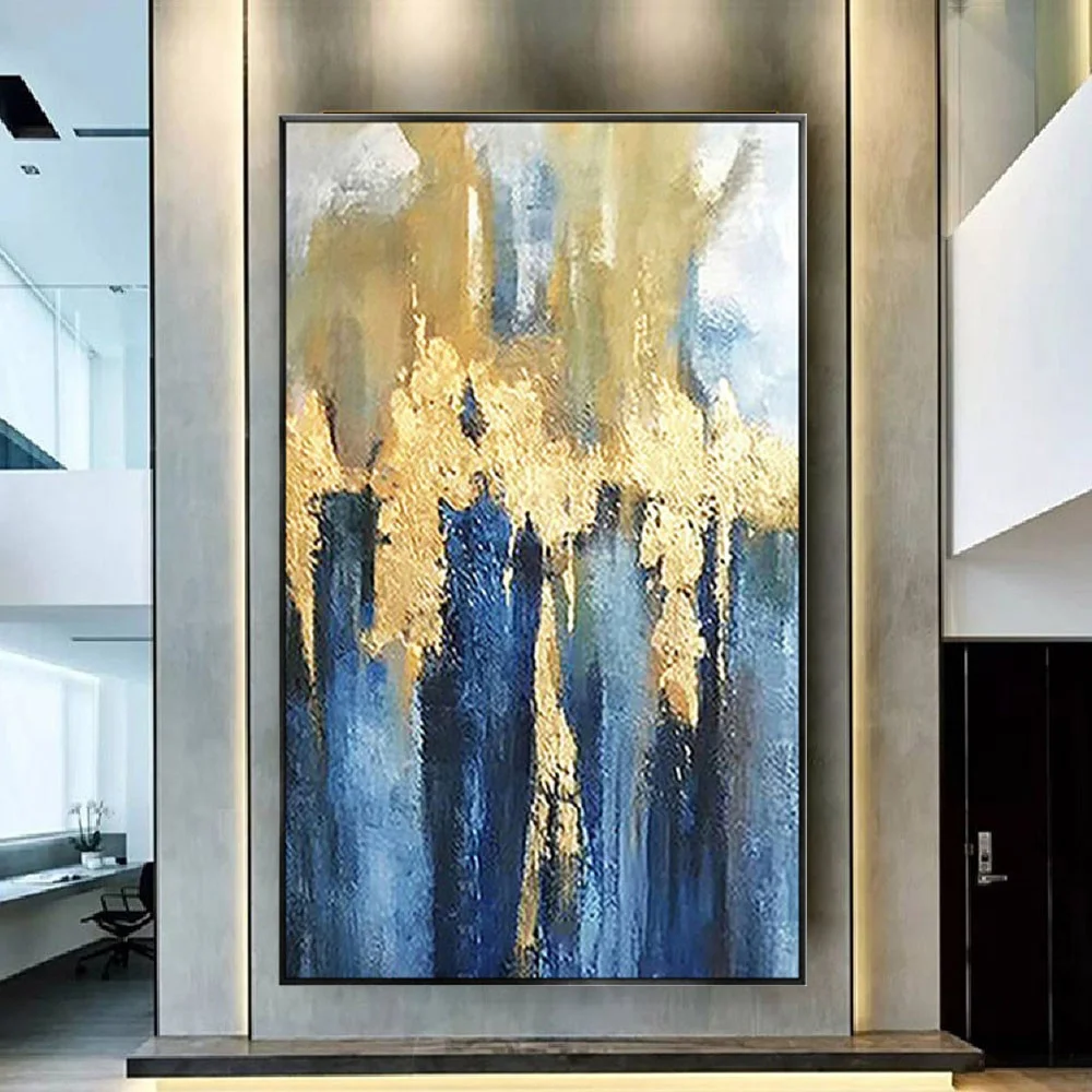 

100% Handmade Abstract Oil Painting On Canvas Posters Murals Blue Gold Texture Wall Art Picture For Living Room Decor Drawing