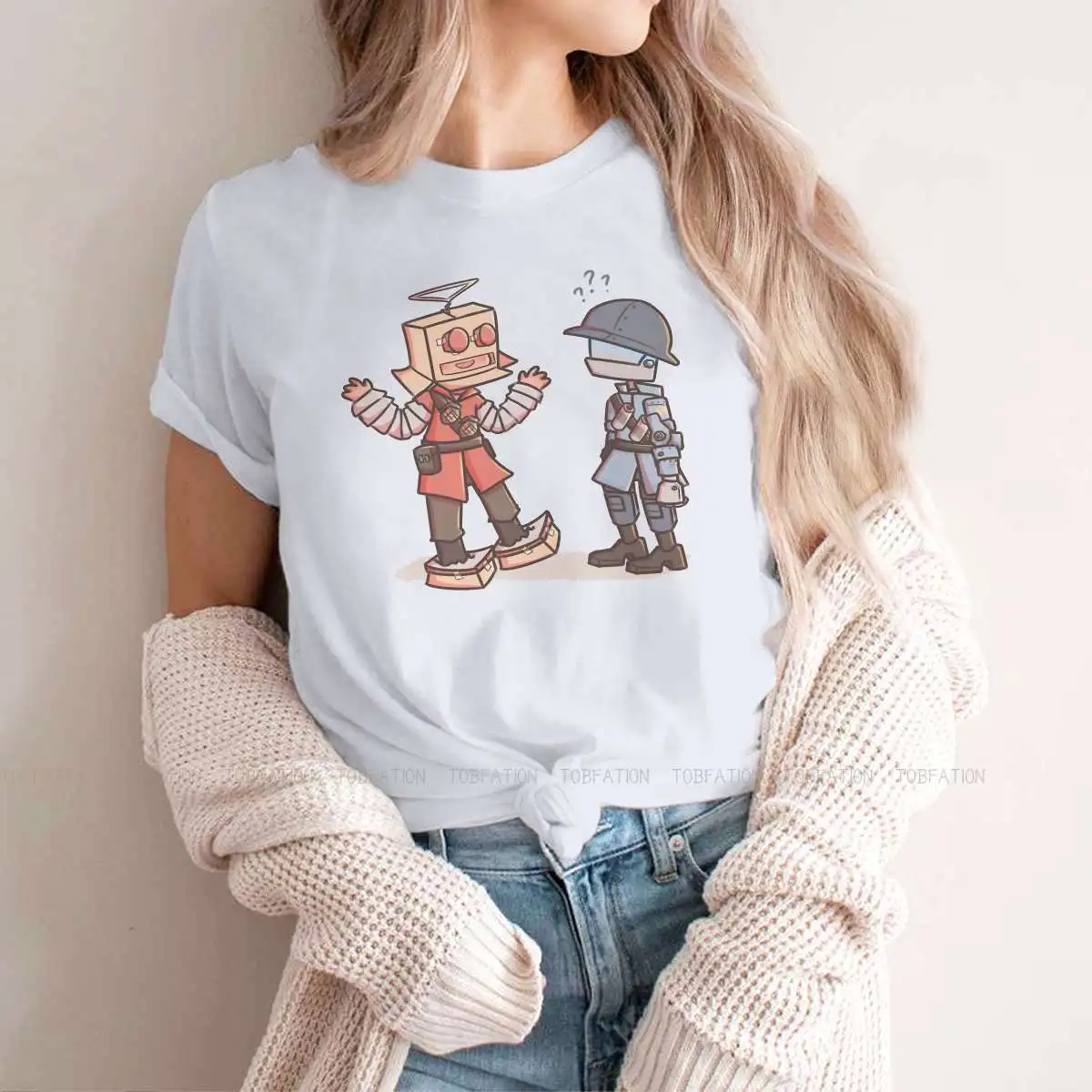 Robot vs Robot Kawaii Girl Women T-Shirt Team Fortress 2 Shooter Game Blusas Harajuku Casual Short Sleeve Vintage Oversized Tops