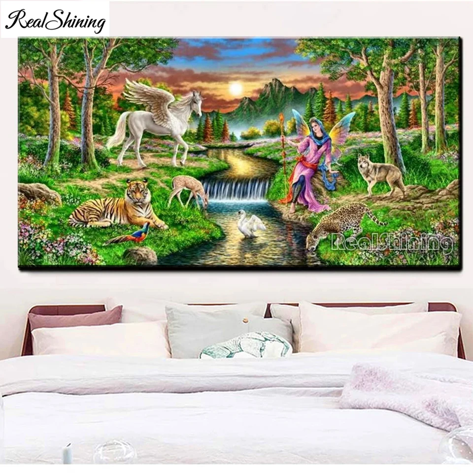 Diy diamond painting Fairy Unicorn painting embroidery forest tiger stream falls diamond mosaic full square round drill T715