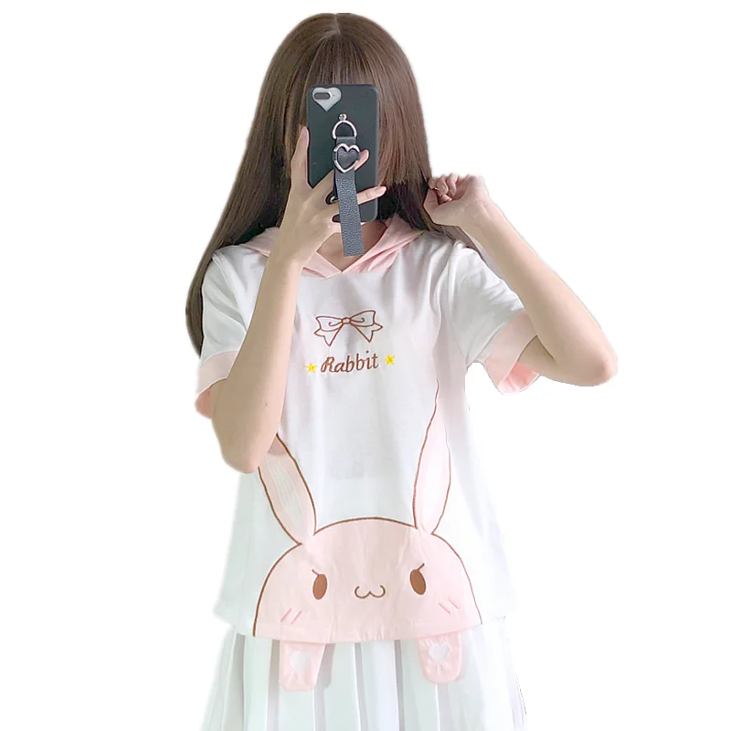 Födémgerenda kawaii T Ing Nők harajuku aranyos Nyúl stv ears Búbos tshirt Fiatalos lányok Rövid távú ujjú Gúnyrajz Hímzés T-idom felső