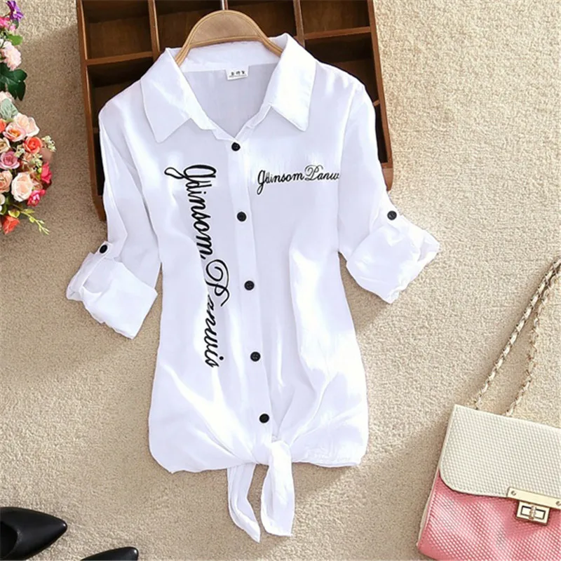 Women Shirts White Blouses Kimono Summer Top Women Letter Printed Shirts Sleeve Turn Down Collar Casual Print Cardigan DD2433