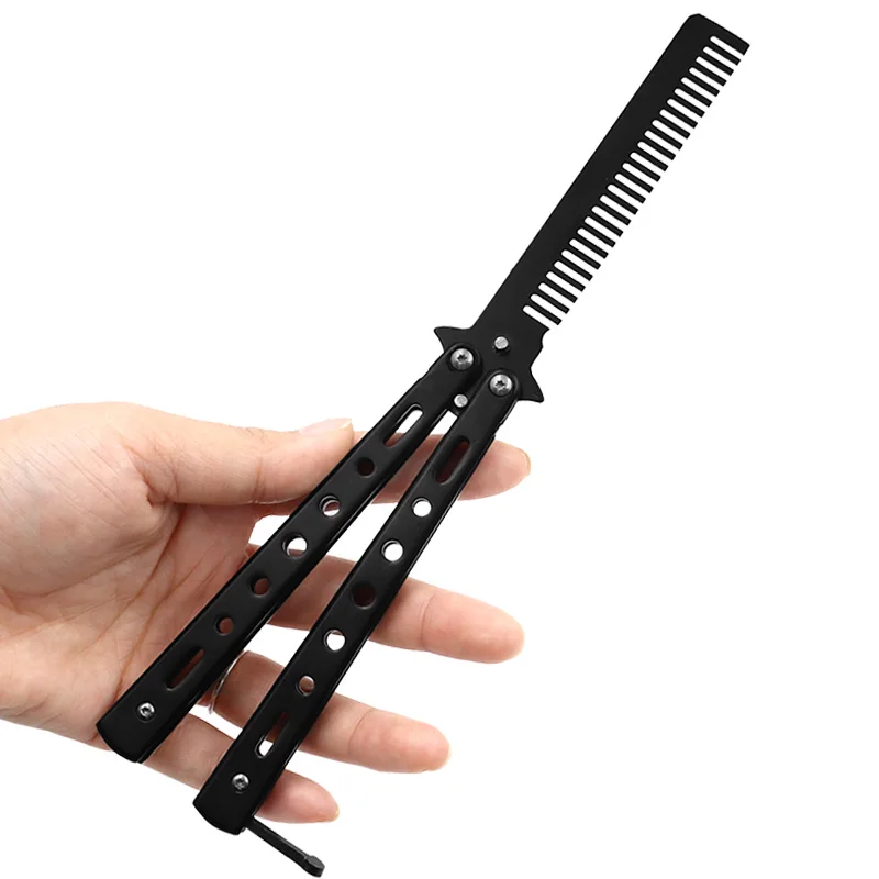 Butterfly Knife Comb Foldable Comb Stainless Steel Practice Training  Beard Moustache Brushe Salon Hairdressing Styling Tool