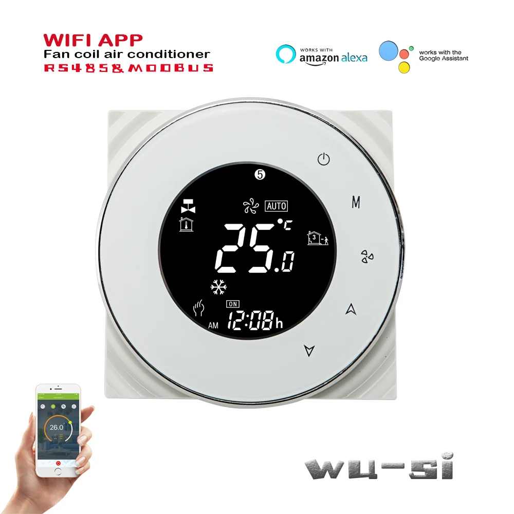 TUYA wifi Air conditioner thermostat with RS485 Modbus RTU communication,2P/4P for heat/cool,works with Google Home 95-240VAC