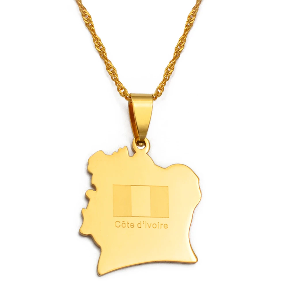 Anniyo Cote divoire Map Flag Pendant Necklaces Ivory Coast Maps Necklaces Gold Color Jewelry for Women Men @126221