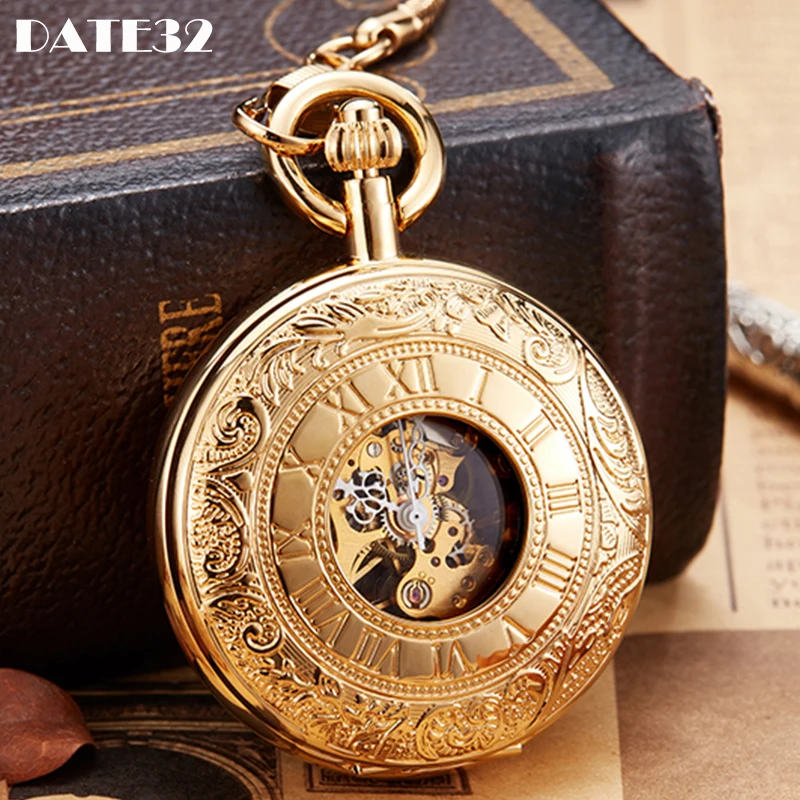 Roman Numeral Luxury Quality Copper Mechanical Pocket Watch Black Gold Steampunk Dual Open Skeleton Dial Fob Chain Clock for Men