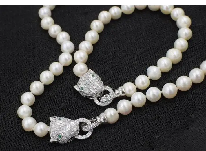 

Zircon Leopard head clasp accessory 8-9mm white freshwater pearl necklace bracelet set for women jewelry
