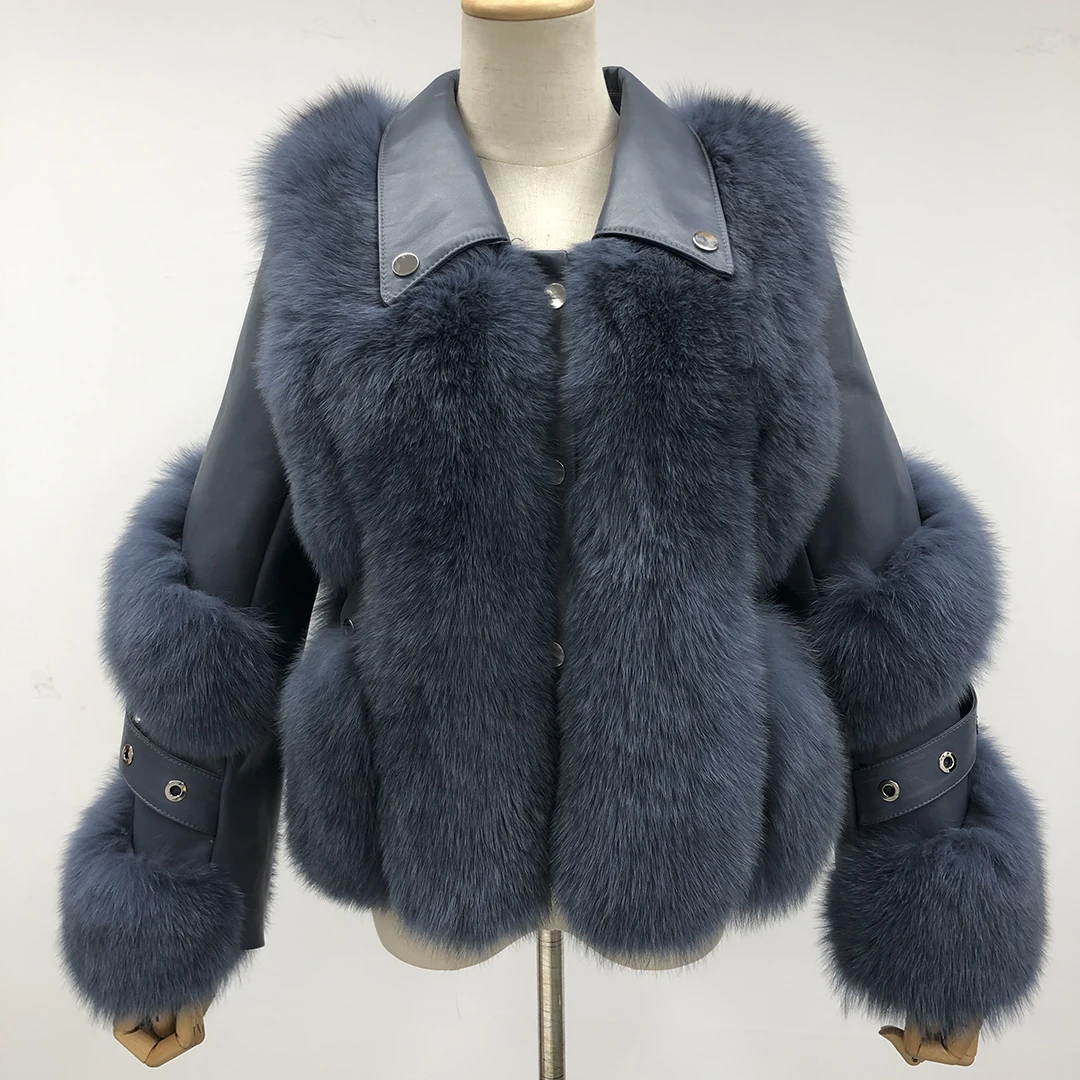 

Fur Coat Real Fox Fur Women Genuine Sheepskin Collar Short Luxury Fashion Fur Jacket New Style