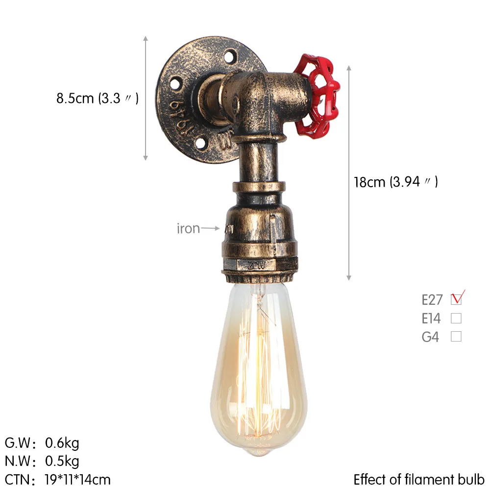 Industrial Loft Retro Water Pipe Rust Wall Light E27 LED 110V-220V Corridor Bedroom bar Bedside Stair Decorative Light