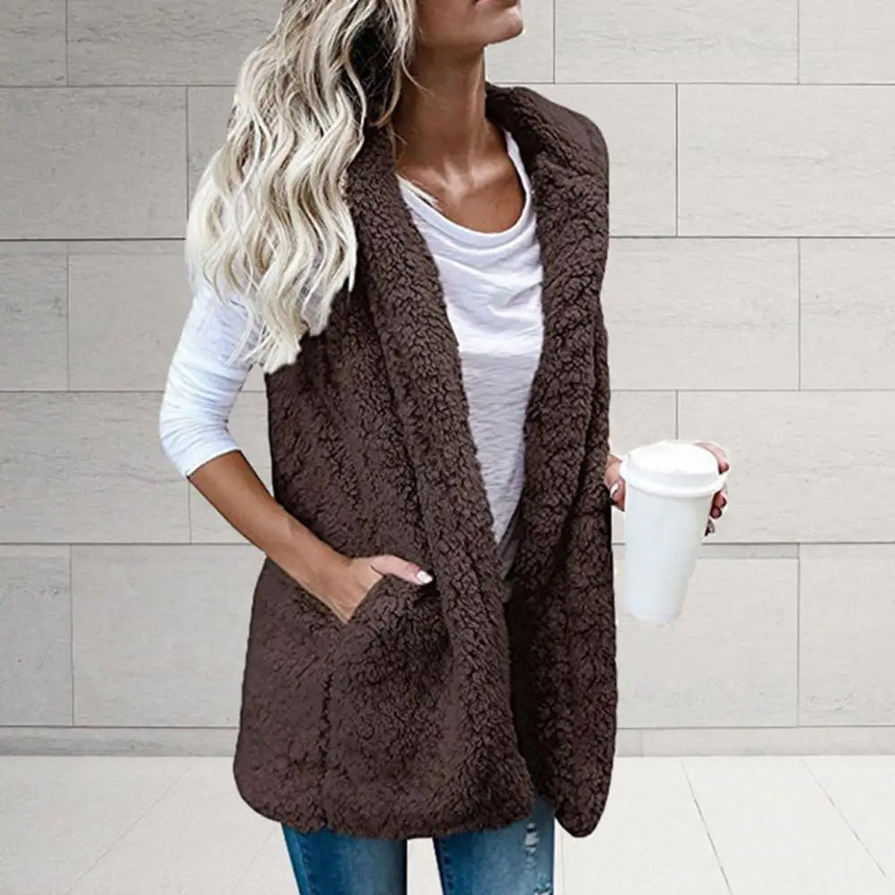 Women Vest Solid Color Pockets Autumn Winter Warm Double-sided Fluffy Pure Color Vest for Daily Wear