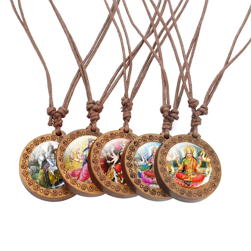 1pc Indian Ganesha zdjęcie brązowy drewniany naszyjnik szkło Cabochon biżuteria w stylu Vintage drewno naszyjniki Lakshmi, Shiva Amulet kobiety prezenty