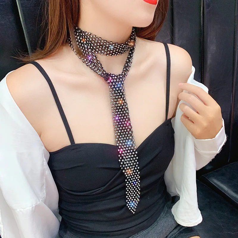 Black Vintage Shiny Water Diamond Long Tassel Collarbone Chain Tie Necklace For Women Party Jewelry  Necklaces Accessories Gifts