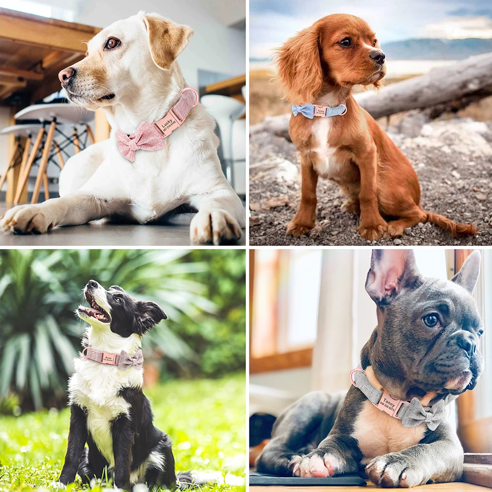 Personalized Dog Collar With Bow Tie Soft Woolen Cloth Dogs ID Collars Anti-lost Free Engraving Cute Bowknot Pet Accessories