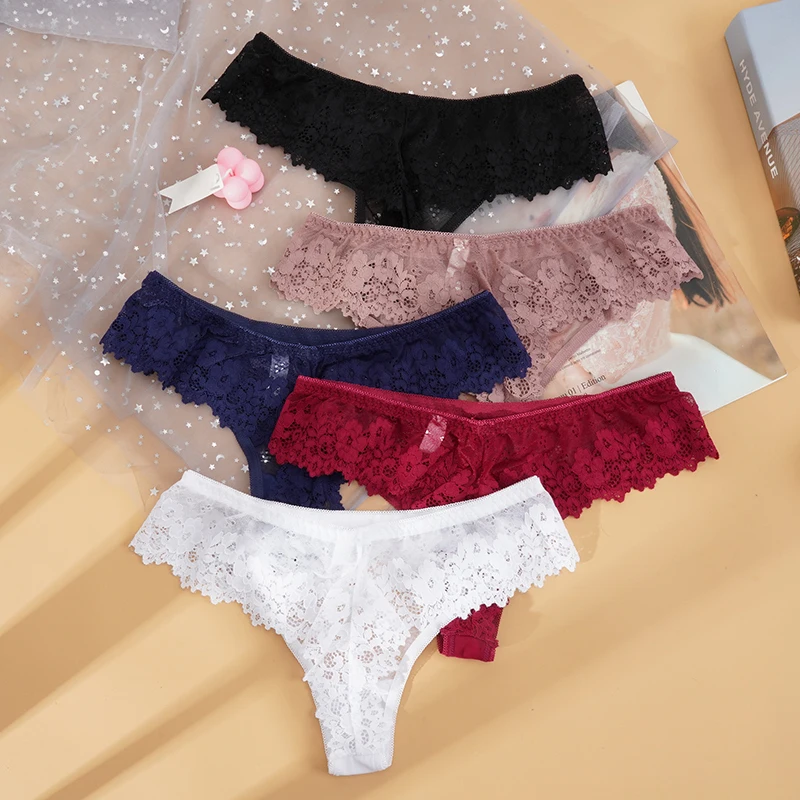 Women Sexy Lace Lingerie Temptation Low-waist Thongs Female G String Transparent Breathable Underwear Floral Women Panties