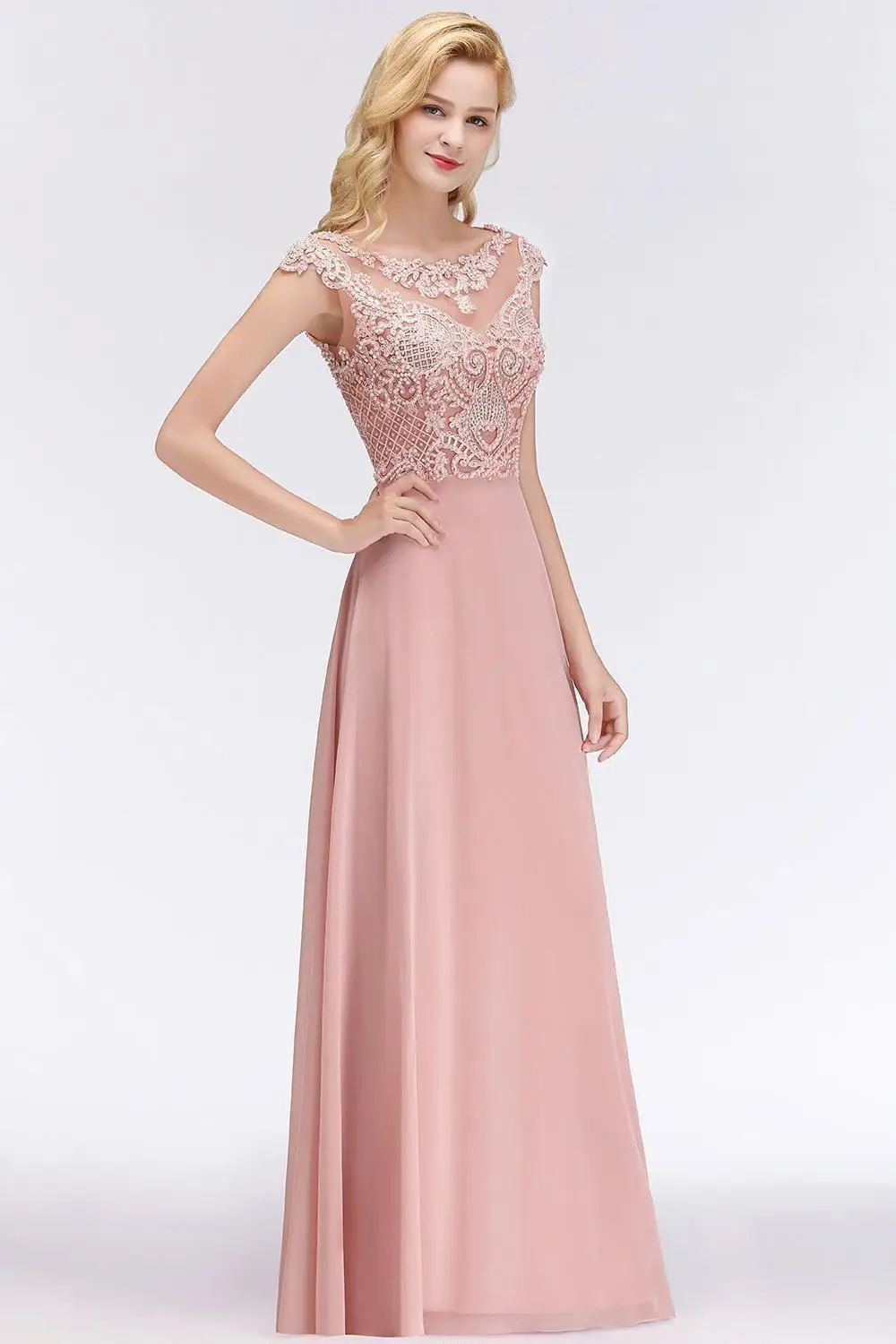 Pink Chiffon Long Bridesmaid Dresses 2019 Elegant A line Sleeveless Wedding Party Guest Gown Applique Pearl vestido madrinha