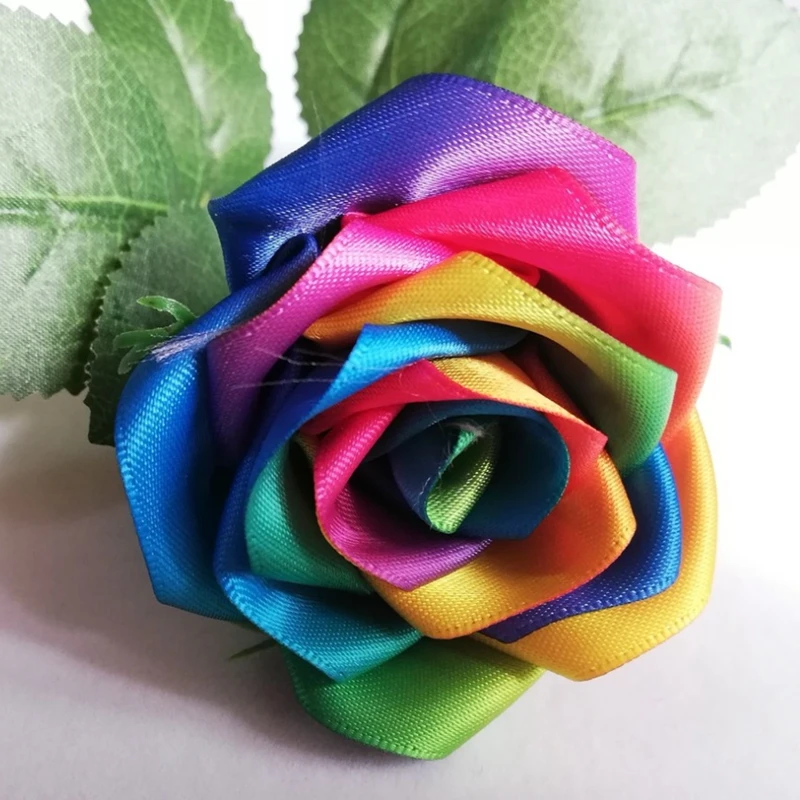 Rainbow colour rose flowers Handmade silk satin Rose Flowers Wedding Bridal Bouquet Home Decoration  wedding flowers