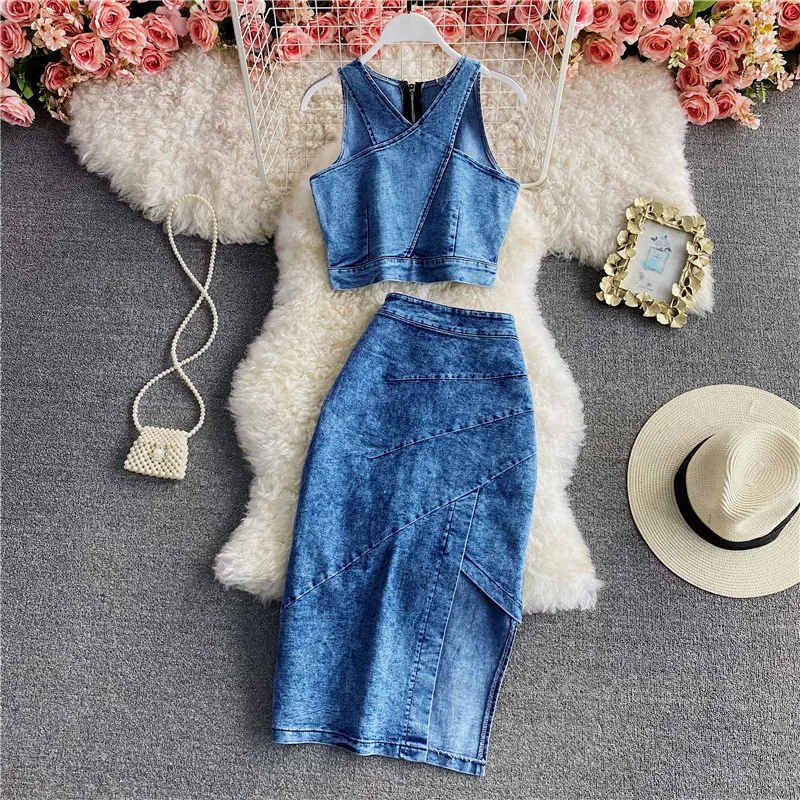 Elegant Women\'s Denim Suits Summer Sleeveless Short Vest And High Waist Irregular Slit Mid Length Skirts 2pcs