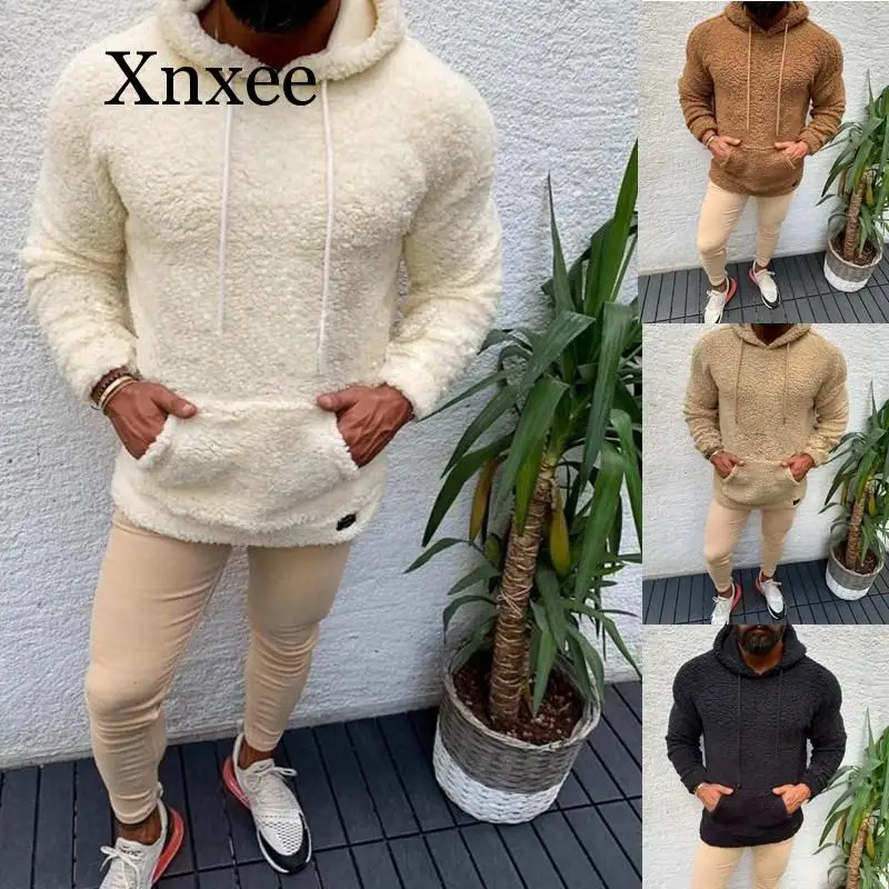 Beige Winter Hooded  Sweater Short Big Pocket Teddy Fleece Fluffy Pullovers Men's  Warm Fleece Tops Streetwear