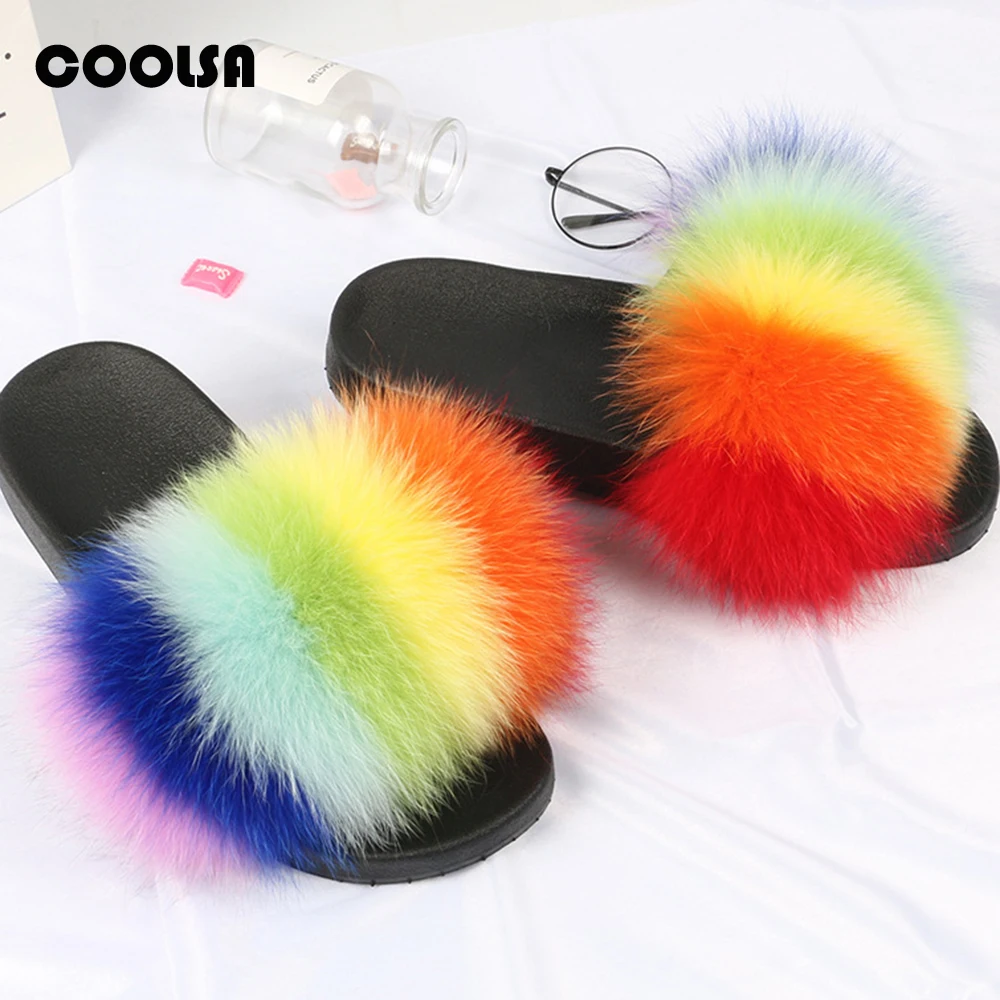 ฤดูร้อน Fluffy Raccoon Fur สไลด์เด็กรองเท้าแตะ Furry ขนสุนัขจิ้งจอกจริง Flip Flops แบนเด็กสายรุ้งรองเท้าผู้หญิงรองเท้าแตะขนฟู