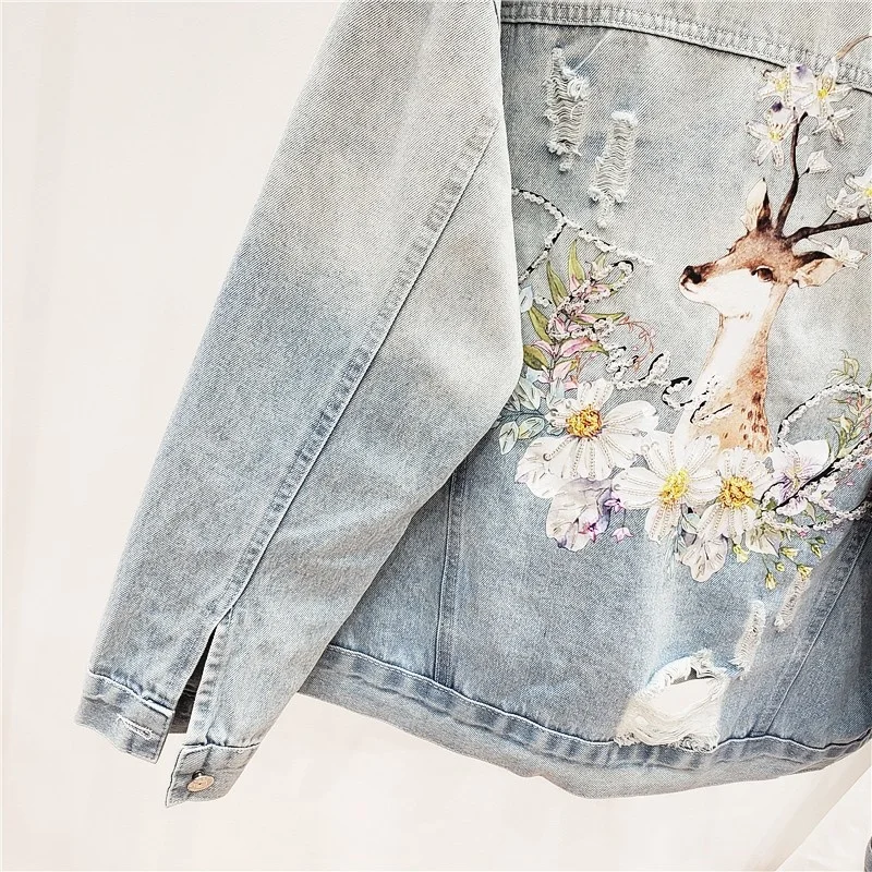 Tops Women Autumn Embroidery Beading Distressed Denim Jacket Female Loose Fit Short Jackets Retro Printed Lapel Casual Outerwear