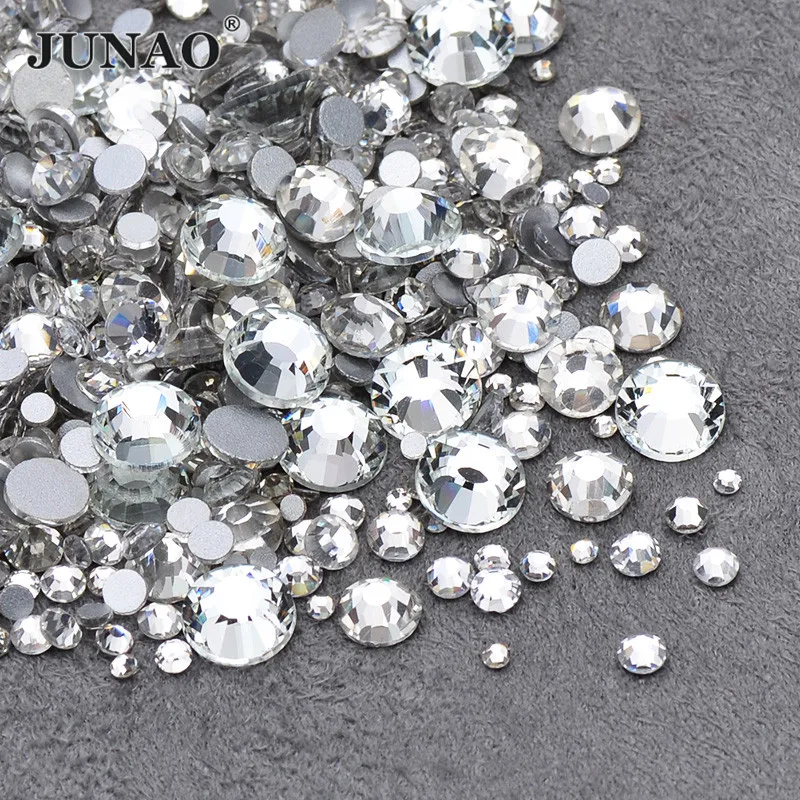 JUNAO 1400pcs Mix Size Clear Silver Base Rhinestones Round Glass Crystal Beads Flatback Non Hotfix Stones Nail Art Decorations