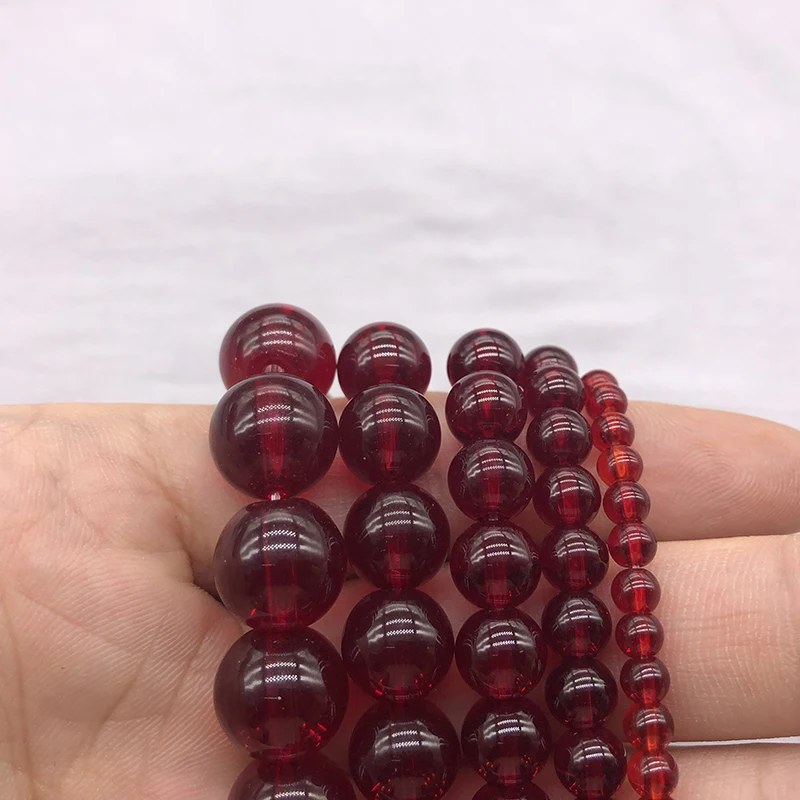 Cuentas sueltas lisas de vidrio rojo oscuro, granate, hilo de 15 \