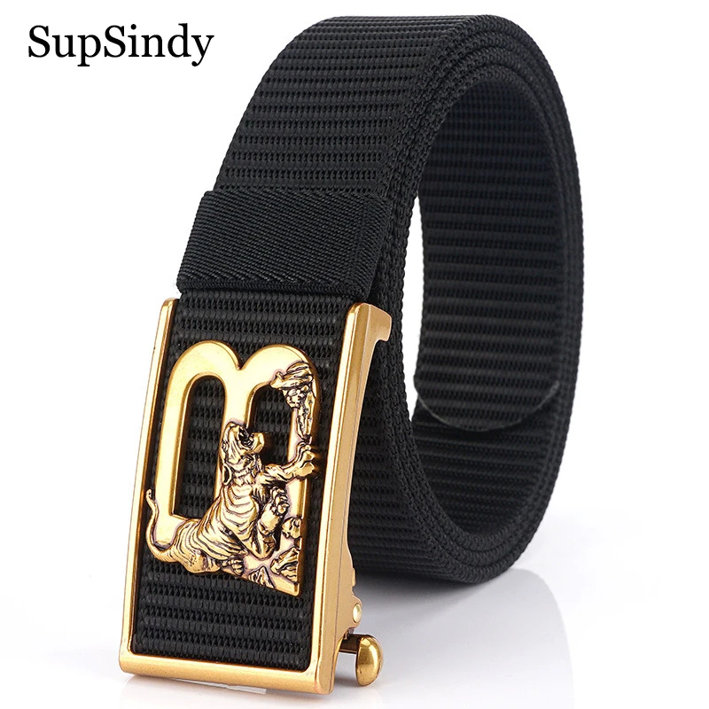 SupSindy Man's Nylon Belt Luxury Gold Tiger Metal Automatic Buckle Canvas Belts for Men Fashion Jeans Waistband Black Male Strap