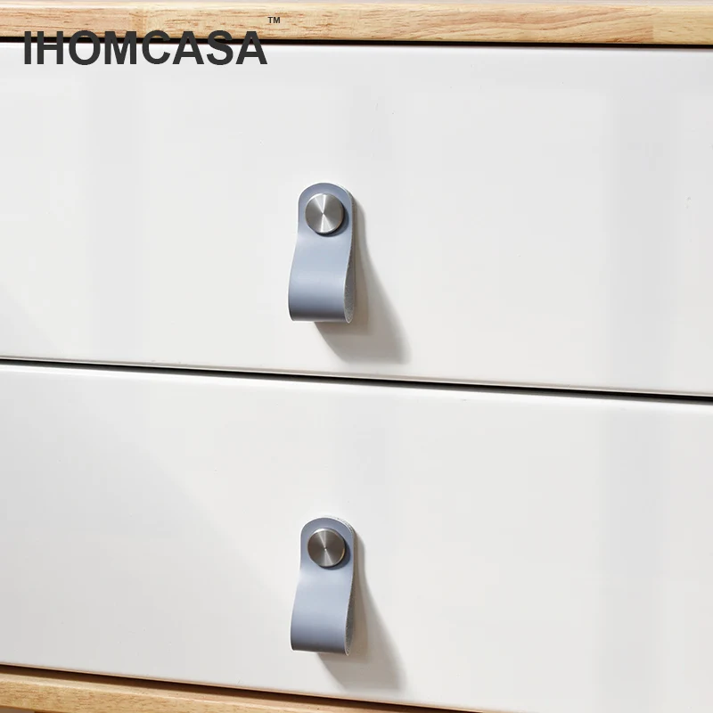 IHOMCASA-tiradores de cuero para muebles de cocina, pomo de latón para puerta de armario, armario, zapatos, acero inoxidable plateado