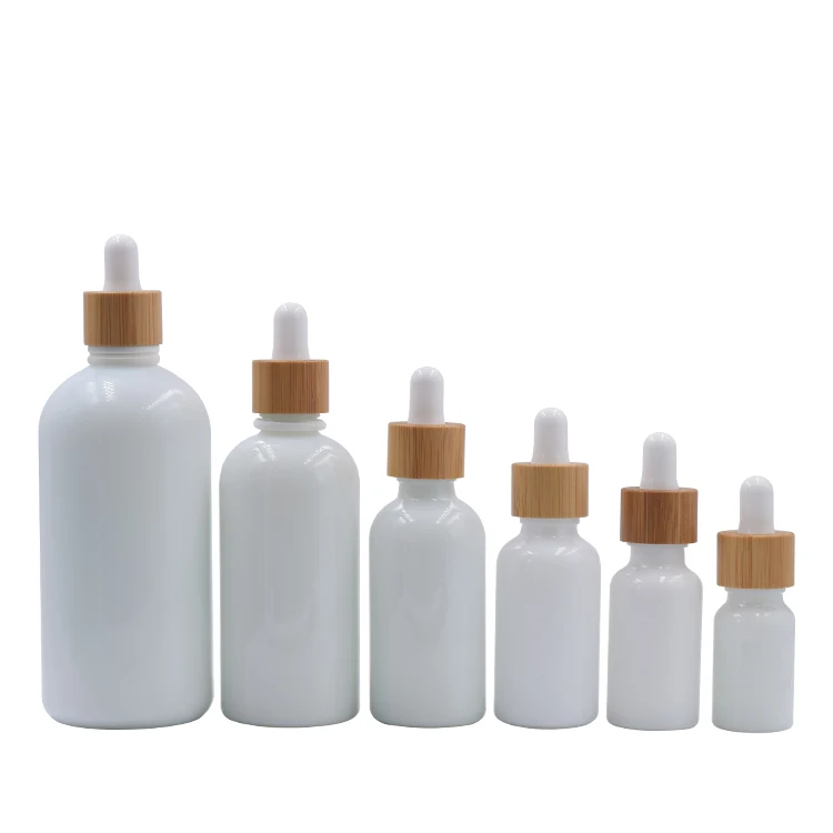 10ml 15ml 30ml white essential oil dropper bottle cosmetic glass pipette packaging container with wood grain bamboo lid cap