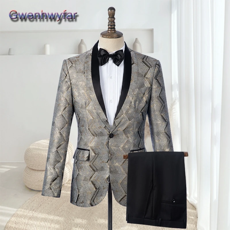 

Gwenhwyfar 2021 Two Pieces Set Men's Pants Set, Shawl Lapel Single Breasted Wedding Dress Suit Set, Jacket With Black Trousers