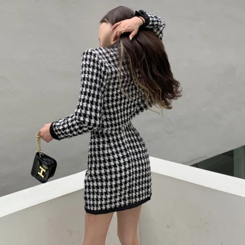 Two-piece Suit 2023 Spring Korean Style Lattice Long Sleeve Slim Sexy Coats Temperament Mini Skirt Fashion Sets Womens Clothing