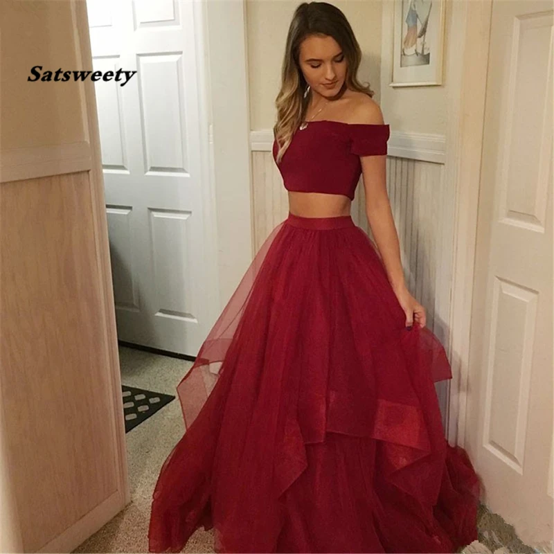 

Burgundy 2 Piece Prom Dresses 2024 Boat Neck Short Sleeve A Line Tulle Long Prom Gown Cheap Evening Party Dress Robe De Soiree