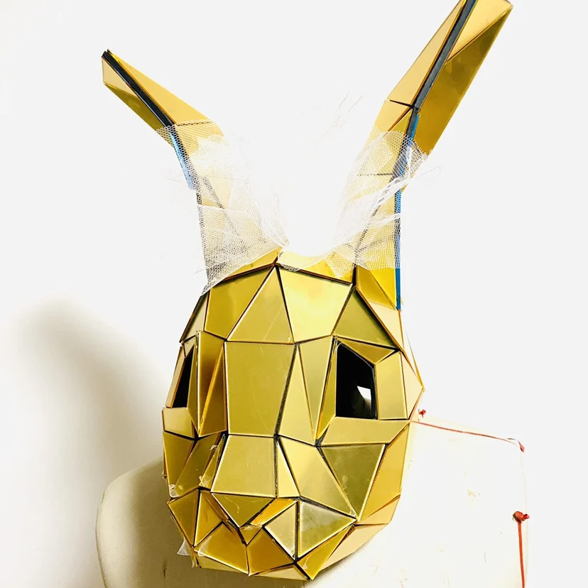 Halloween cosplay party mirror glass full face mask Gold Easter bunny headgear silver rabbit headdress