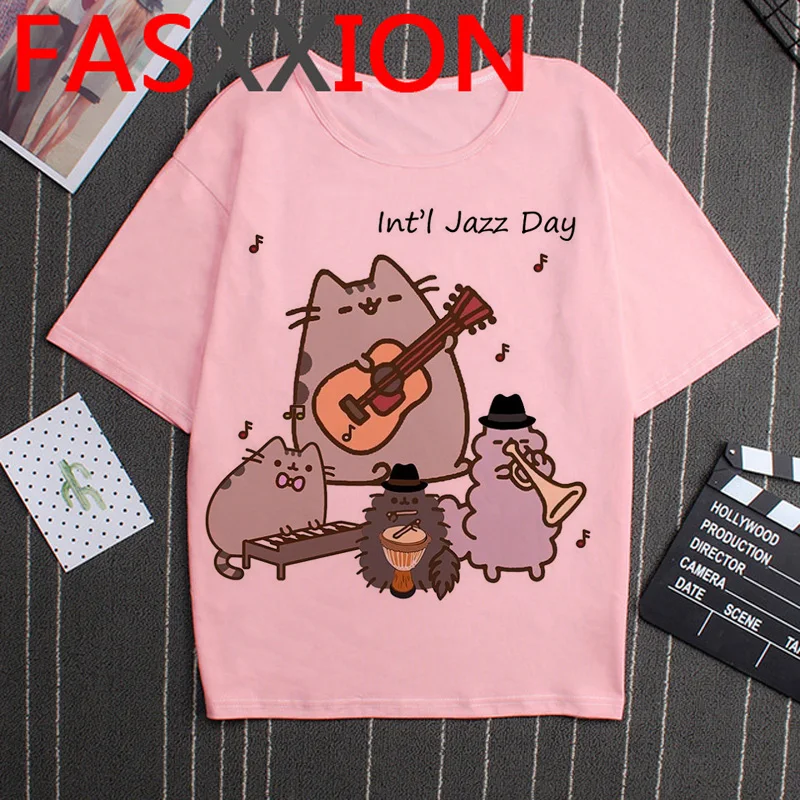 Kawaii Pusheen Cat T Shirt Women Cute Graphic Tees Funny Cat Shirt Ulzzang Korean Style T-shirt  Streetwear Female