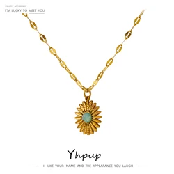 Yhpup 316L Stainless Steel Accessories Trendy Flower Natural Stone Pendant Necklace Charm Metal Collar Golden Fashion Jewelry