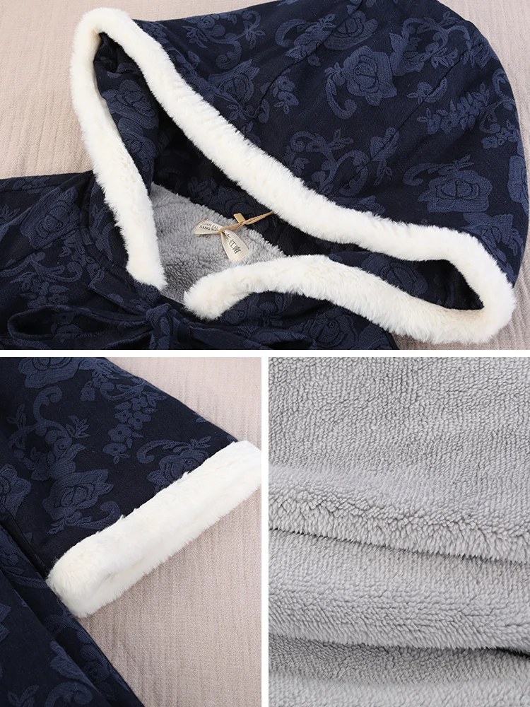 TIYIHAILEY Free Shipping Cotton Linen Fleece Inside Thick Warm Cloak Winter Outerwear Hooded Loose Long Maxi Blue Witch Cardigan