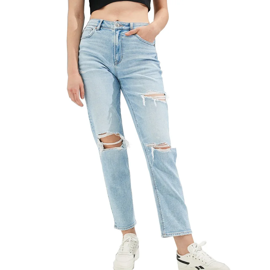 

Women Straight Jeans Fashion Casual Ripped Big Hole Destroyed Distressed Denim Pants