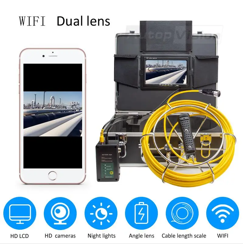 

WP90E WIFI Dual lens camera Drain Sewer Pipeline Industrial Endoscope with DVR endoscope camera inspection scope Hard Wire