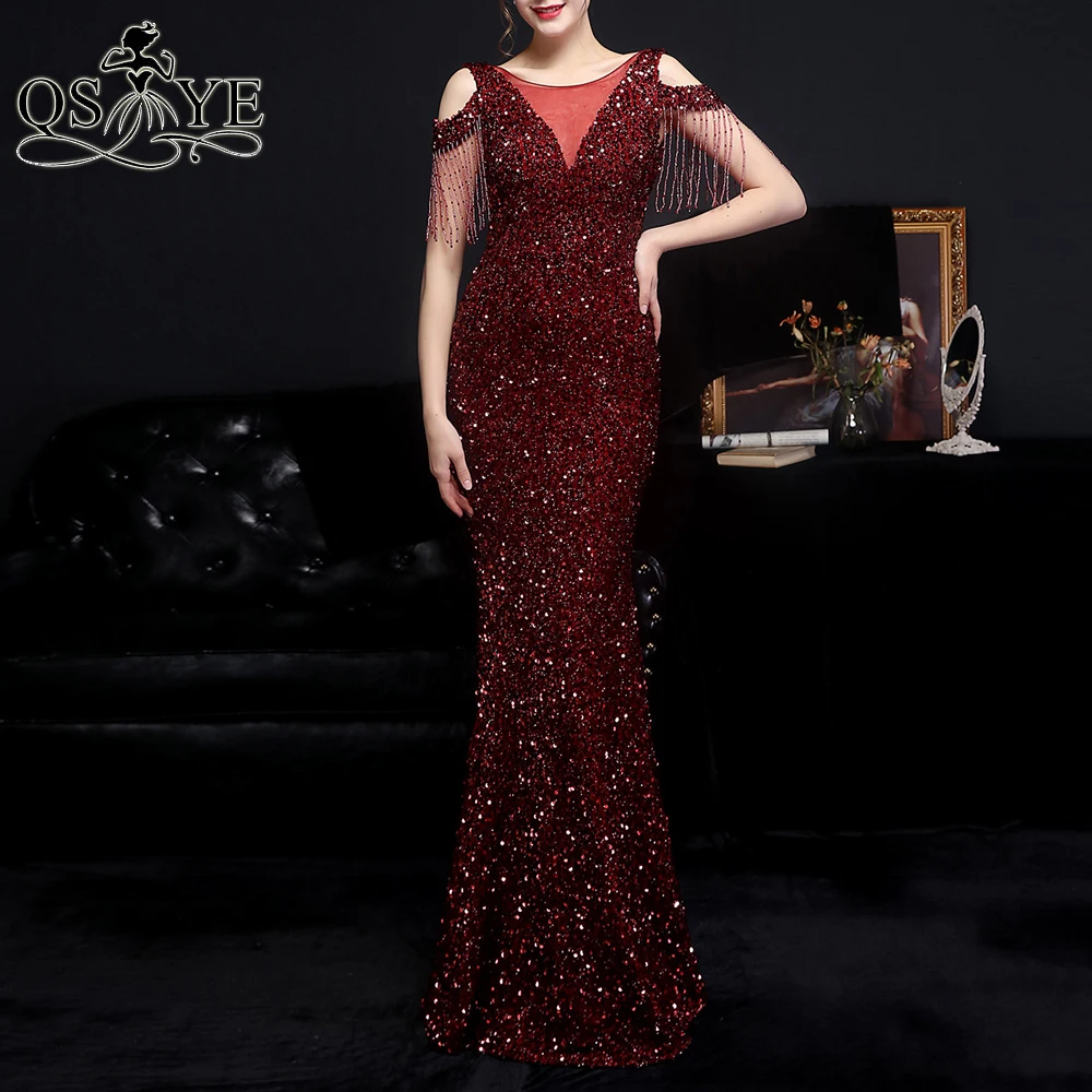 Beading Side Sleeves Burgundy Evening Dresses 2021 Long Sequin Prom Gown V Back Party Dress Scoop Neck Mermaid Women Formal Gown