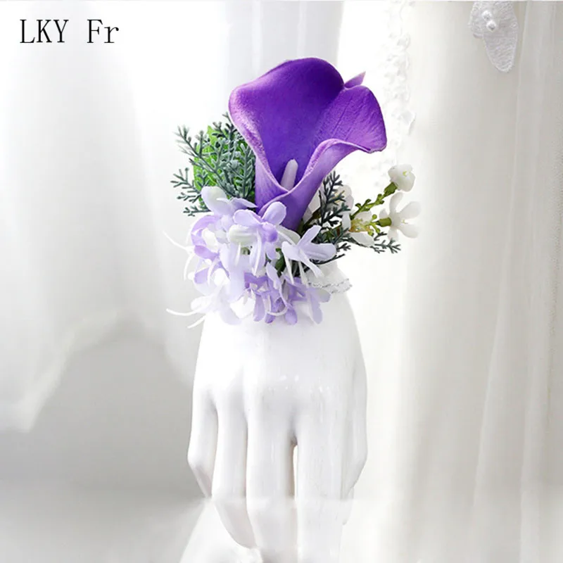 LKY Fr Boutonniere przypinki nadgarstek stanik bransoletka druhna kwiaty fioletowe róże ślub Groom Boutonniere Buttonhole Prom