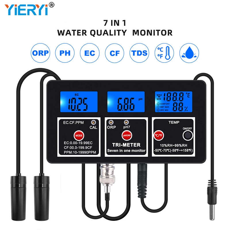 

7 in 1 PH EC TDS Temp ORP CF Digital Meter Multi-parameter Water Quality Purity On-time Monitor Tester US EU Plug for Aquarium