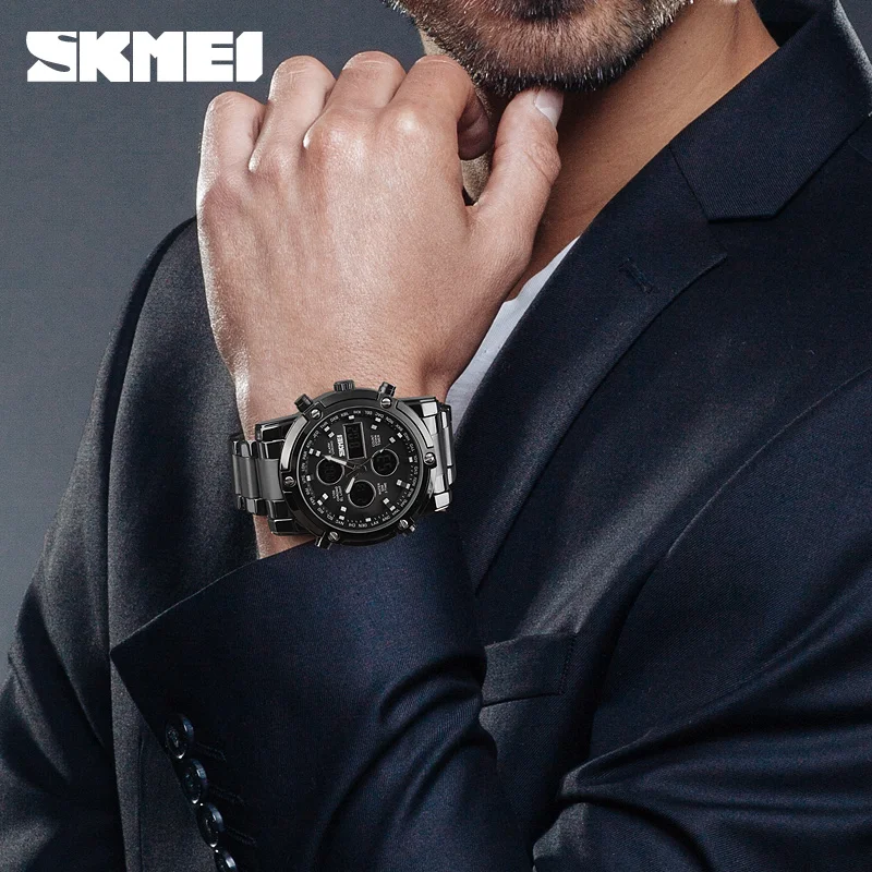 SKMEI-Relógio de pulso masculino, Pulseira Digital, 3 Time Countdown, Relógios de aço inoxidável, Relógios Masculinos, Moda