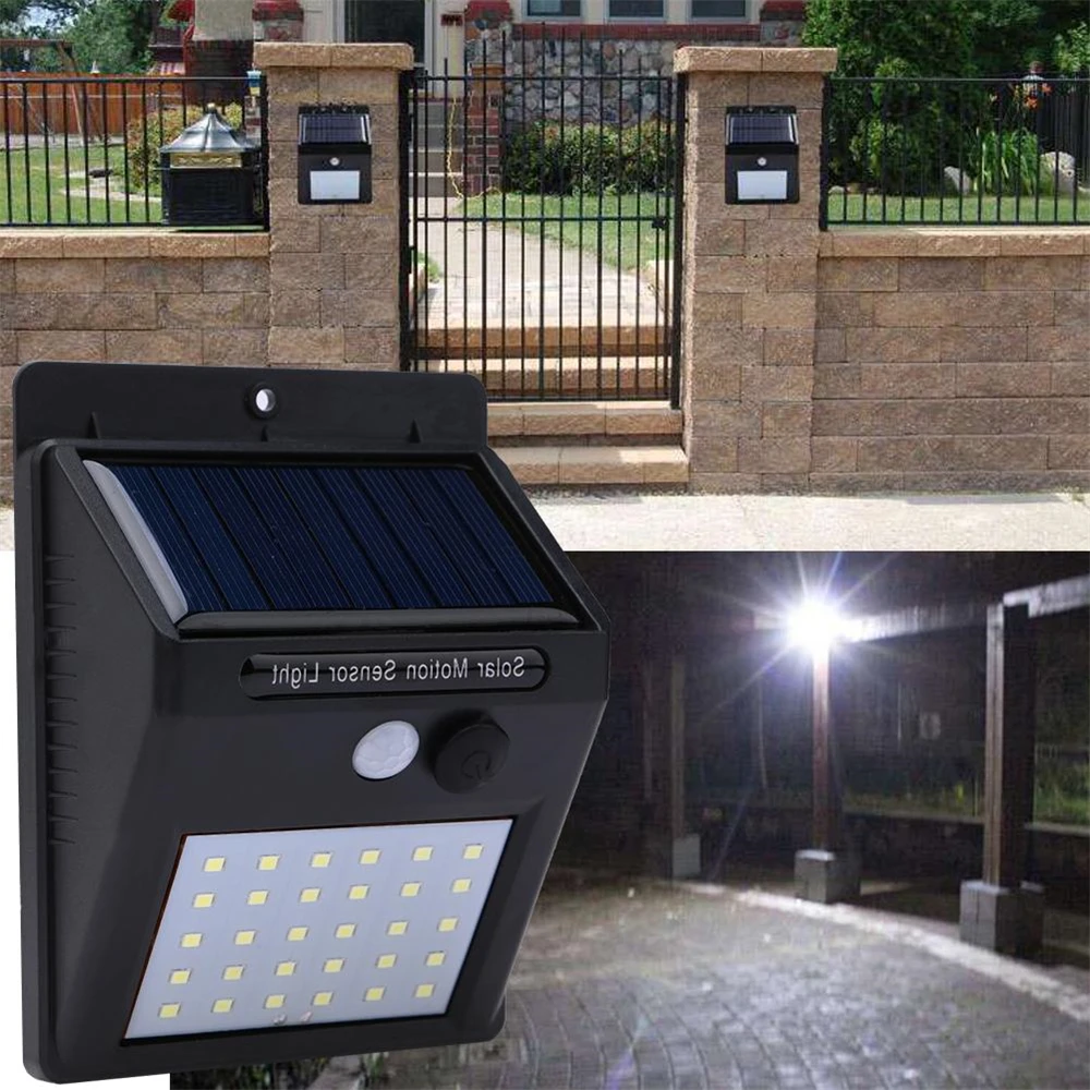 Luz solar ao ar livre com sensor de movimento PIR, lâmpada de parede impermeável, luz solar para decoração do jardim, IP65, 30 LED