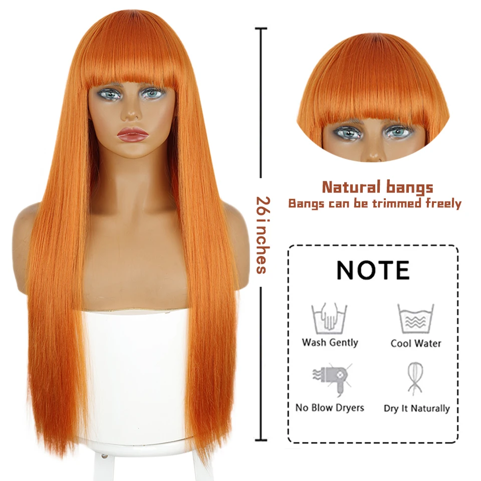 Long Orange Wig with Bangs Straight Orange Wigs for Women Cosplay Long Synthetic Orange Wig Natural Looking for Daily Wear