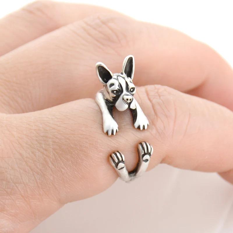 1 Piece Hippie 3D Boston Terrier Dog Anillos Love Ring Men Boho Brass Knuckle Dog Anel Masculino Couple Rings For Women Jewelry