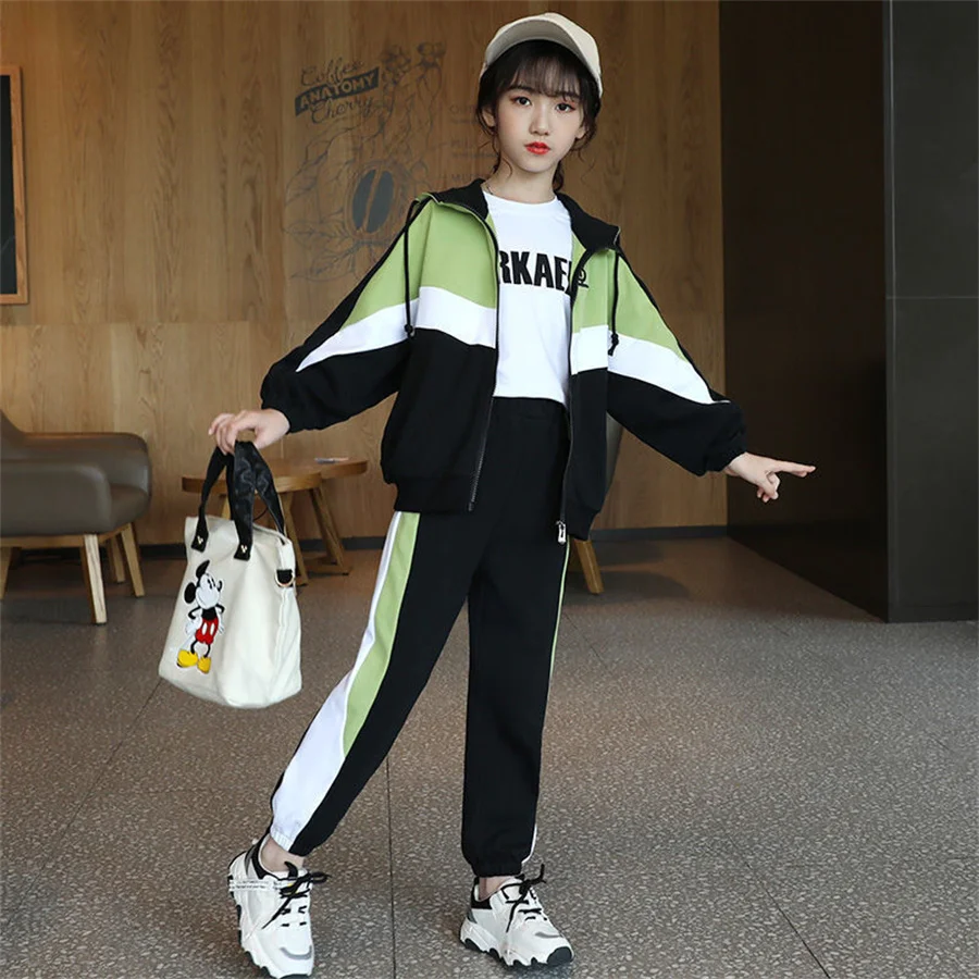Girls Clothes Sets Hooded Long Sleeve Jacket+Pants Sports Suit striped Set Teen Girl Tracksuits 4 6 8 10 12 Years