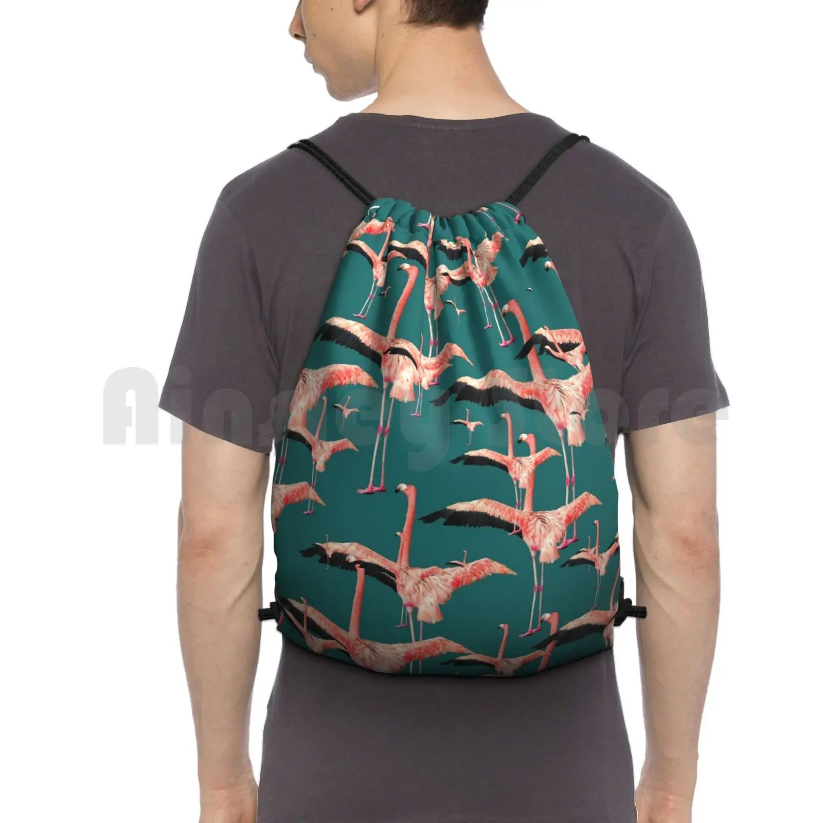 Tropical Flamingo Backpack Drawstring Bag Riding Climbing Gym Bag Summer Cool Fun Flamingo Sky Blue Palm Tree Nature Africa