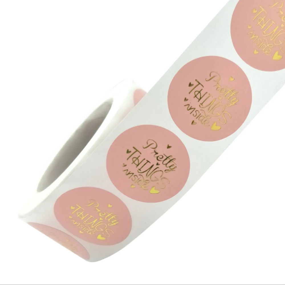 500pcs/Roll 1 inch Pink with Gold Foil  Pretty Things Inside Stickers for Weddings/Parties/Business Gifts  Packaging