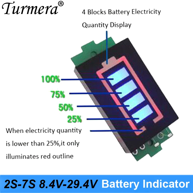 Turmera 1S-10S Lithium Lifepo4 Battery Indicator Capacity Module 2S 8.4V 3S 12.6V 4S 16.8V 5S 21V 6S 25V 10S 36V for Screwdriver