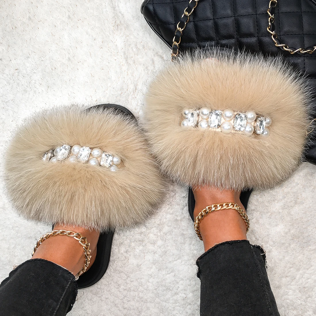 Plush Slippers Flip Flops Pearl Chain Real Fox Fur Slides For Women Fluffy Summer Sandals Furry Slippers Female Flat Home Shoes